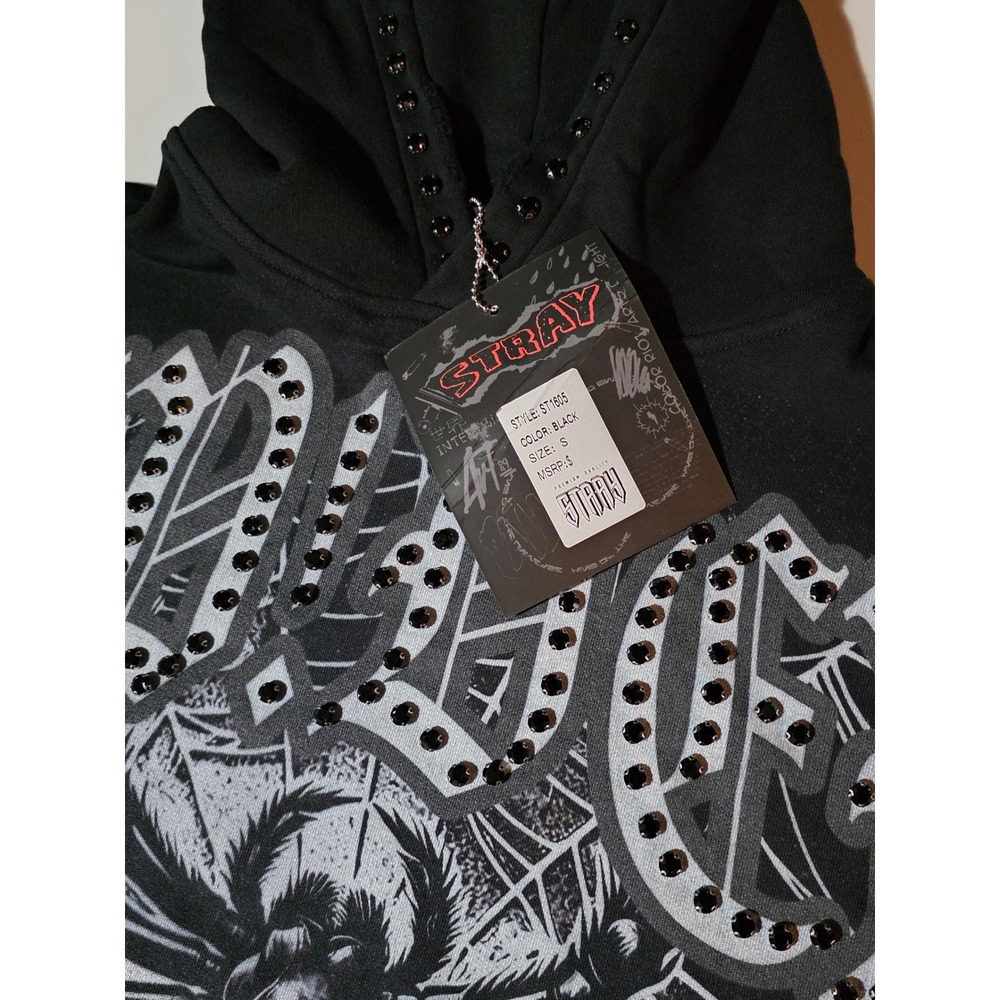 Stray Black Spider Web Rhinestone Hoodie Mens Small Gothic Streetwear - Picture 5 of 6